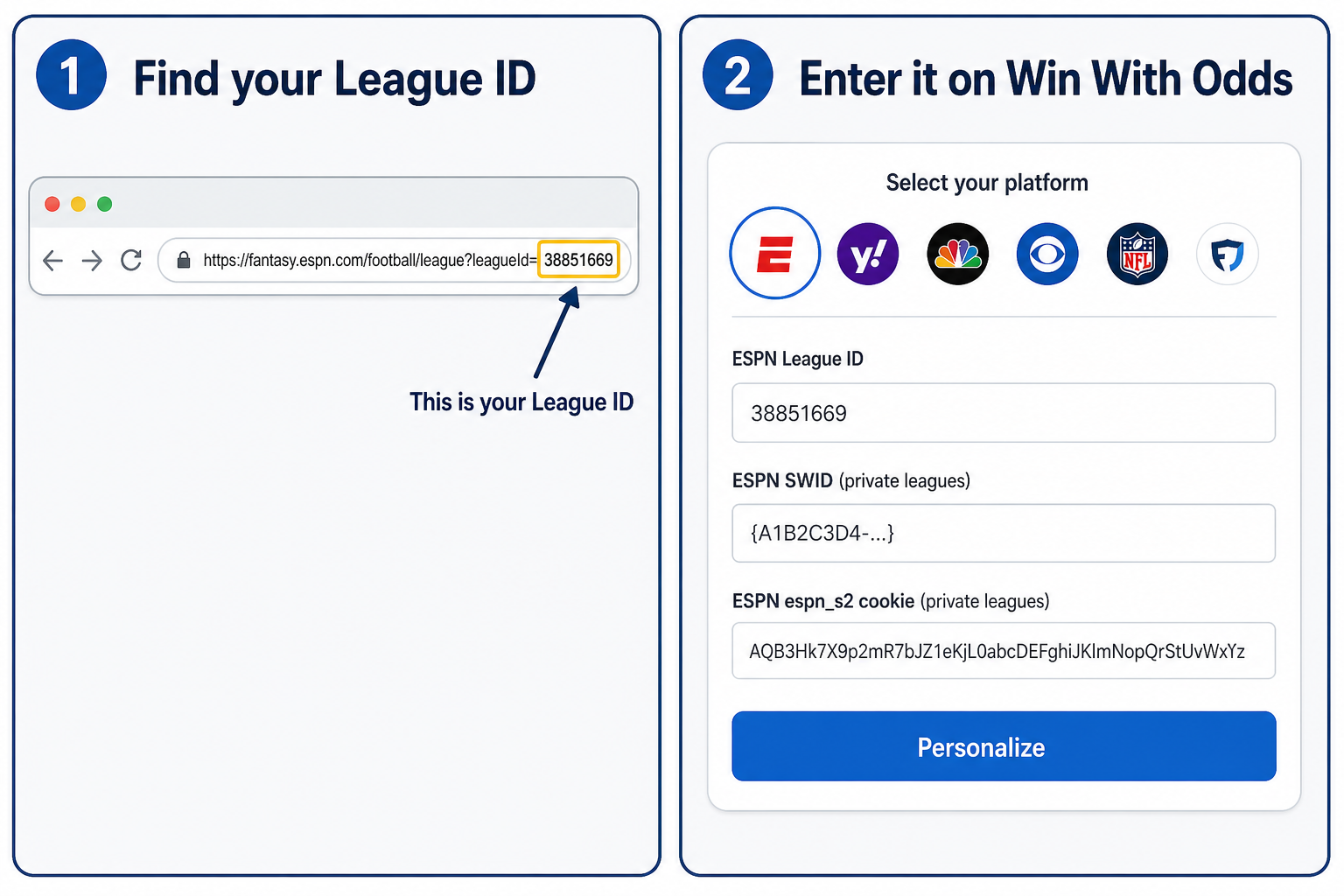Finding the ESPN League ID in the URL and entering the League ID, SWID, and espn_s2 on Win With Odds